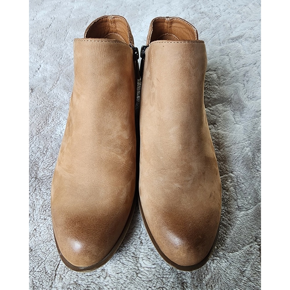 Lucky Brand Basel Tan Leather Ankle Booties Side Zip Stacked Heel Womens 6M 36.5